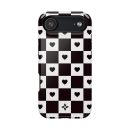 Black and white checkered phone case with heart motifs and a small floral design, perfect for stylish smartphone protection.
