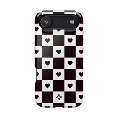 Black and white checkered phone case with heart motifs and a small floral design, perfect for stylish smartphone protection.