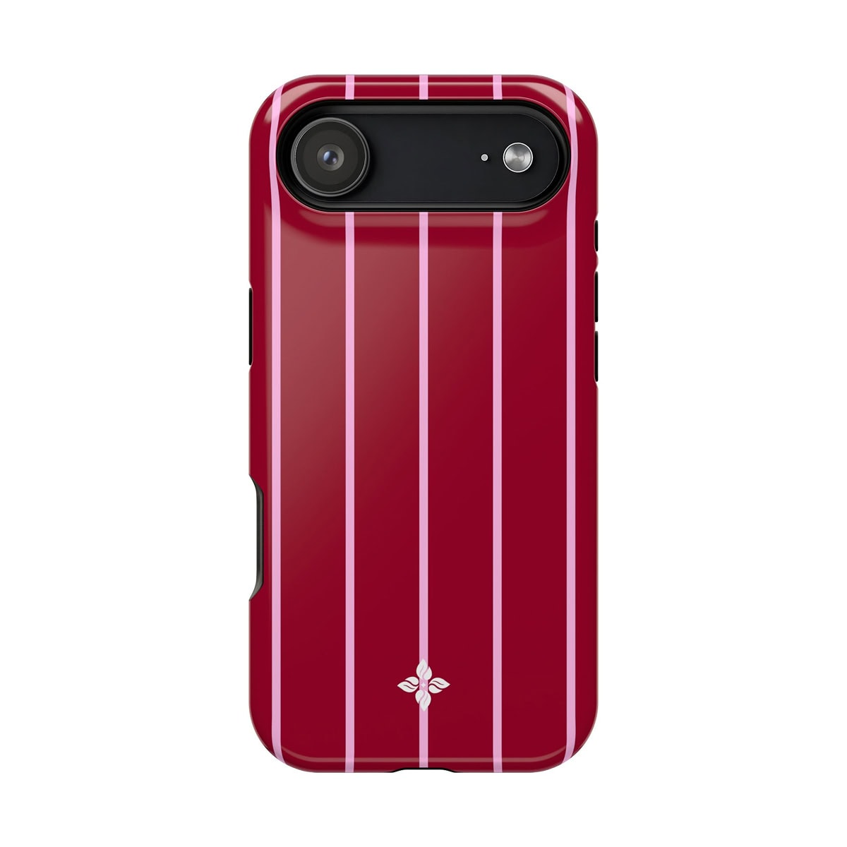 Sleek red smartphone with pink vertical stripes and a floral emblem, showcasing stylish phone case design.
