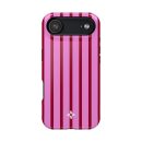 Vibrant pink and maroon striped phone case with elegant floral logo for iPhone, stylish protection, and trendy design.