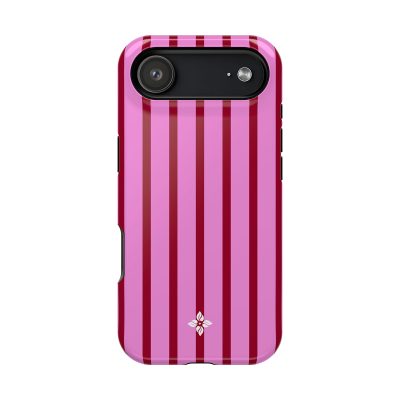 Vibrant pink and maroon striped phone case with elegant floral logo for iPhone, stylish protection, and trendy design.