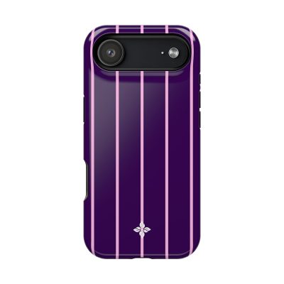 Purple phone case with pink vertical stripes and floral logo design, compatible with iPhone, stylish protective phone accessories from Florayn.