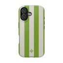 Elegant smartphone case with green and white stripes featuring a delicate floral logo, designed to combine style and protection for your device. Perfect for a refined, modern look.