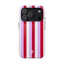 Bright red, white, and lavender striped phone case with floral emblem, designed for iPhone, emphasizing vibrant, stylish, and trendy accessories for modern smartphones.