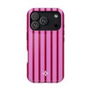 Bright pink phone case with red vertical stripes and a small white floral logo, designed for an iPhone with camera lenses.