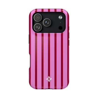 Bright pink phone case with red vertical stripes and a small white floral logo, designed for an iPhone with camera lenses.