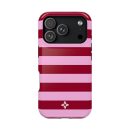Bright pink and red striped phone case with floral logo, designed for iPhone, offering stylish protection and easy access to camera and buttons. Ideal for fashion-forward smartphone users.