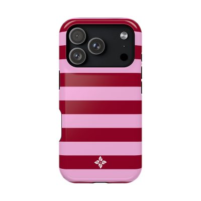 Bright pink and red striped phone case with floral logo, designed for iPhone, offering stylish protection and easy access to camera and buttons. Ideal for fashion-forward smartphone users.