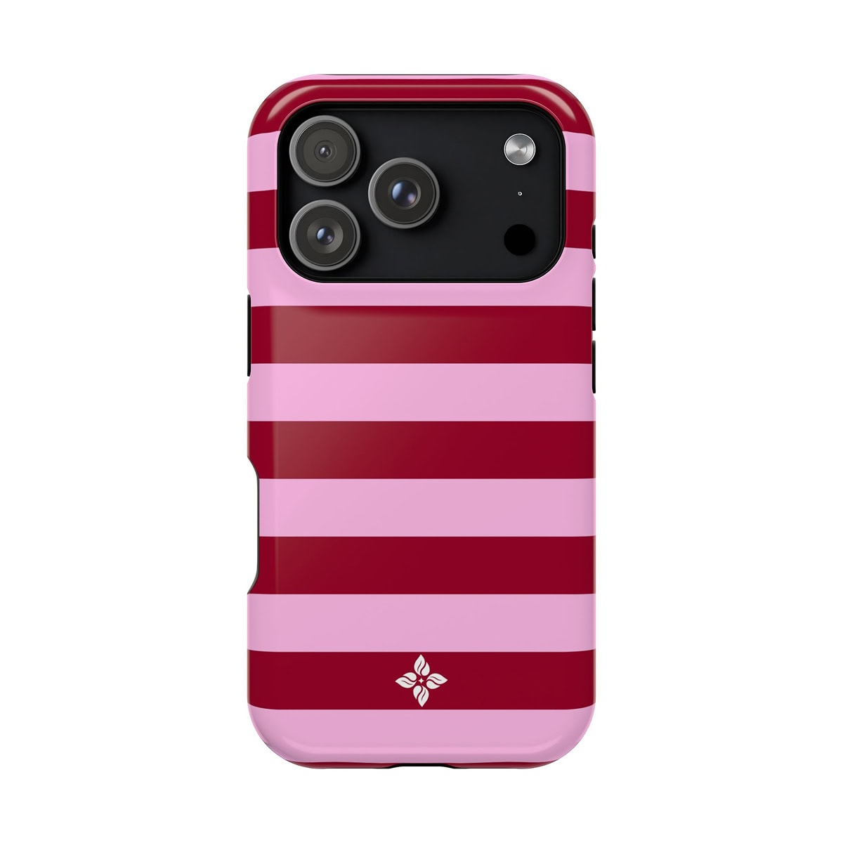Bright pink and red striped phone case with floral logo, designed for iPhone, offering stylish protection and easy access to camera and buttons. Ideal for fashion-forward smartphone users.