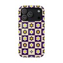 Vibrant floral checkered phone case featuring daisy patterns in purple, white, and yellow, designed for stylish protection.