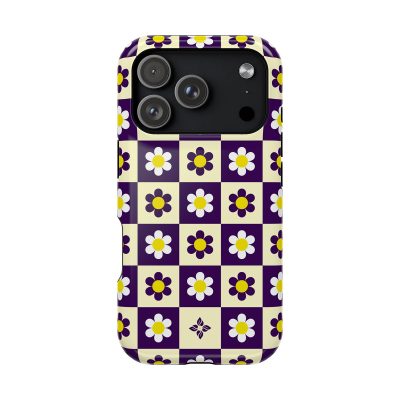 Vibrant floral checkered phone case featuring daisy patterns in purple, white, and yellow, designed for stylish protection.