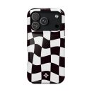 Vibrant black and white checkered phone case with an abstract floral logo at the bottom, designed for iPhone models, combining style and protection for your smartphone.