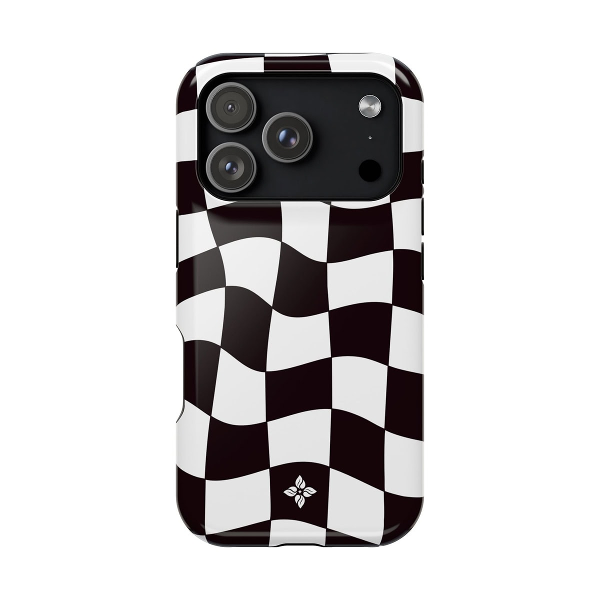 Vibrant black and white checkered phone case with an abstract floral logo at the bottom, designed for iPhone models, combining style and protection for your smartphone.