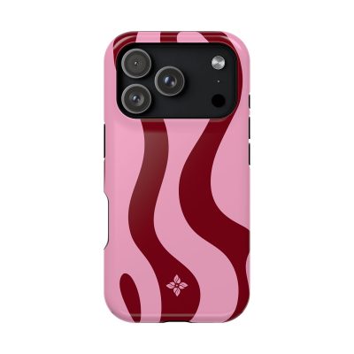 Vibrant pink phone case with bold red wavy stripes and a small floral logo, designed for stylish protection on smartphones.