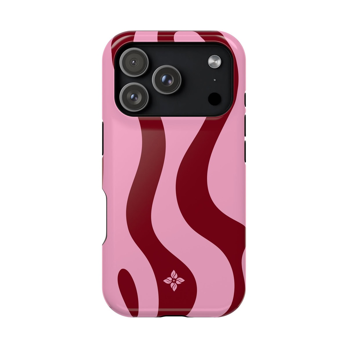 Vibrant pink phone case with bold red wavy stripes and a small floral logo, designed for stylish protection on smartphones.