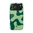 Camouflage-patterned phone case with green and dark green shades, compatible with iPhone models, featuring a sleek, modern design for stylish smartphone protection.