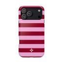 Vibrant pink and red striped phone case with floral logo design, designed for iPhone, offering stylish protection and trendy accessory for smartphones.