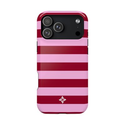 Vibrant pink and red striped phone case with floral logo design, designed for iPhone, offering stylish protection and trendy accessory for smartphones.