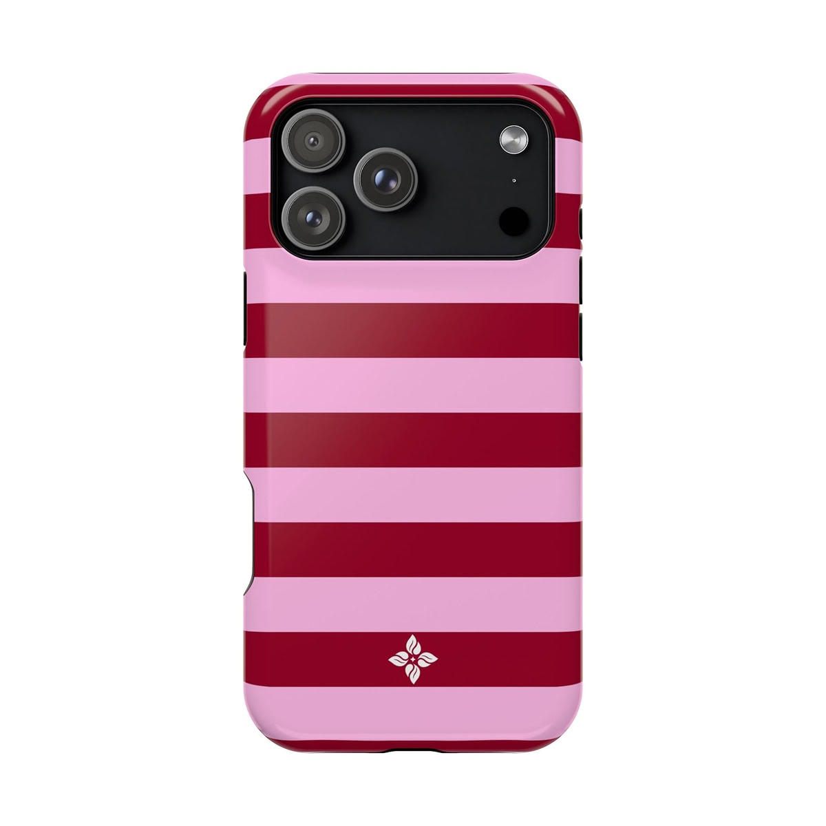Vibrant pink and red striped phone case with floral logo design, designed for iPhone, offering stylish protection and trendy accessory for smartphones.