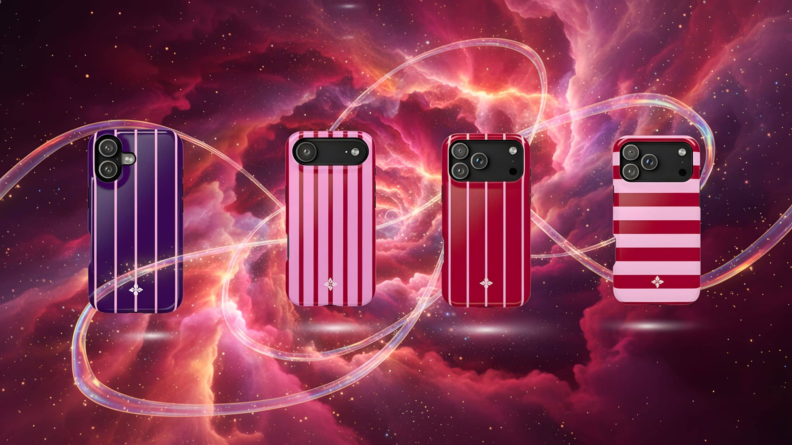 Vibrant smartphone cases with red, purple, and striped designs floating against a cosmic nebula background with swirling light trails for a modern, fashionable aesthetic.
