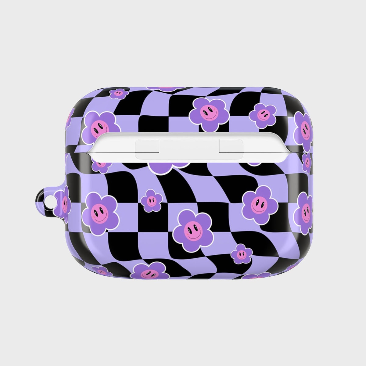 Colorful AirPods case with purple checkerboard pattern and smiling pink flower illustrations, designed for stylish and protective wireless earbud storage.