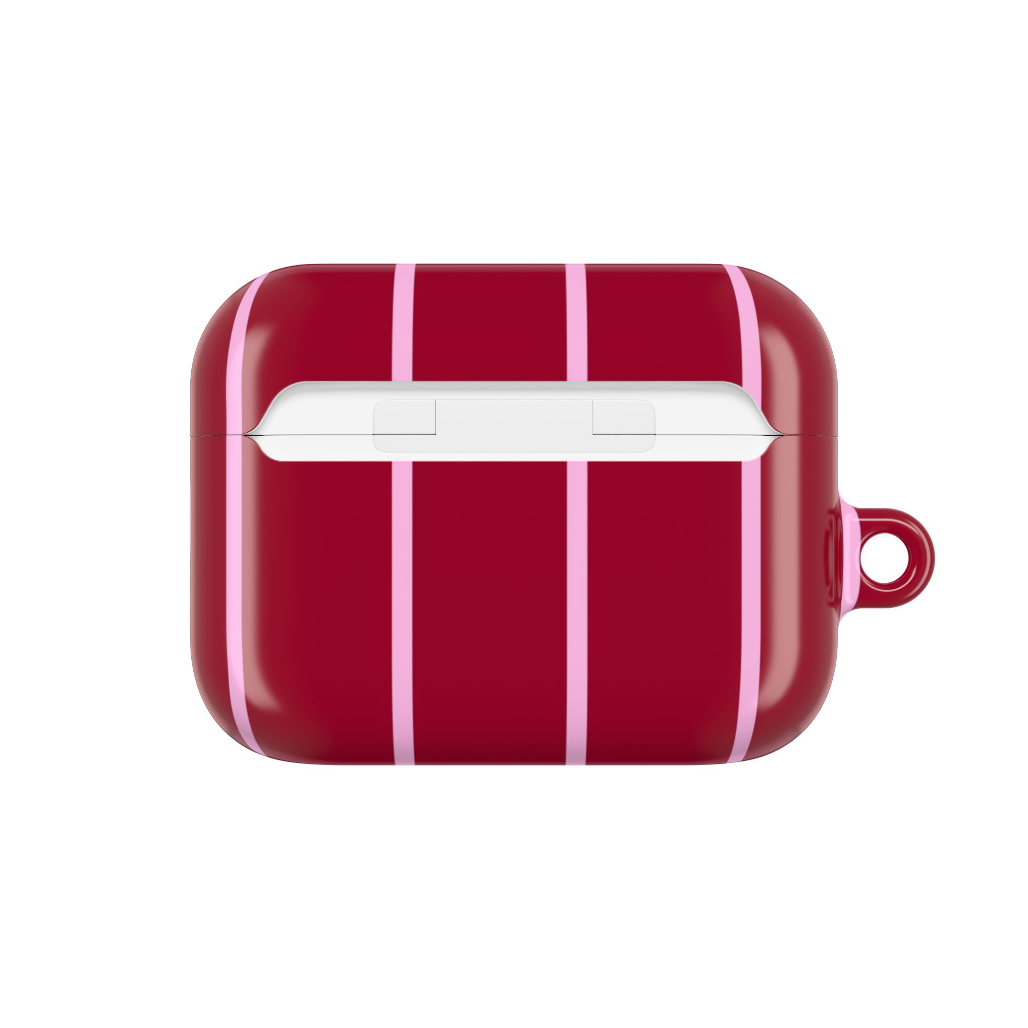 Red striped AirPods case with pink accents, stylish and protective accessory for Apple wireless earbuds.