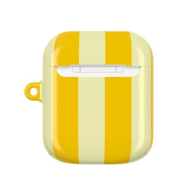 Bright yellow and cream striped AirPods case with a small side loop, stylish and protective accessory for wireless earbuds. Perfect for adding a cheerful touch to your tech gear.