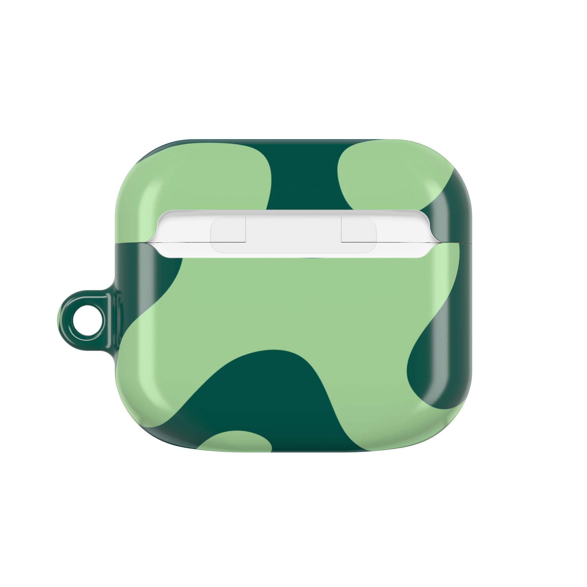 Bright green and dark green camouflage-patterned AirPods case with a loop attachment for easy carrying, designed for stylish protection and personalization of wireless earbuds.