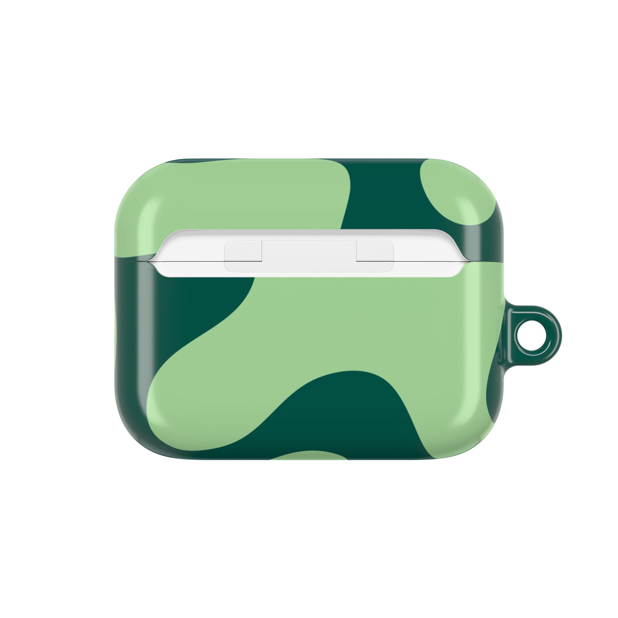 Green camouflage AirPods case cover with a loop attachment for added durability and style.