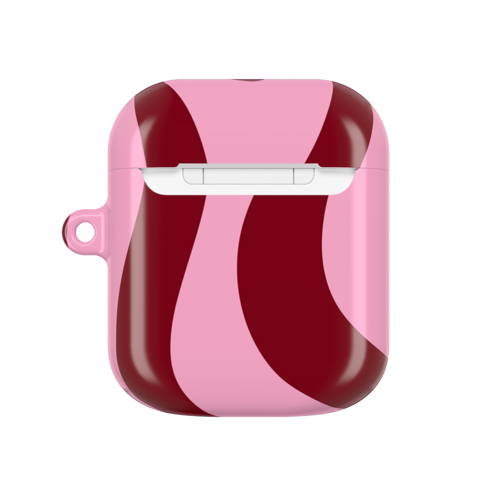 Vivid pink and burgundy floral pattern AirPods case with whimsical design, perfect for protecting your wireless earbuds and adding a touch of style.