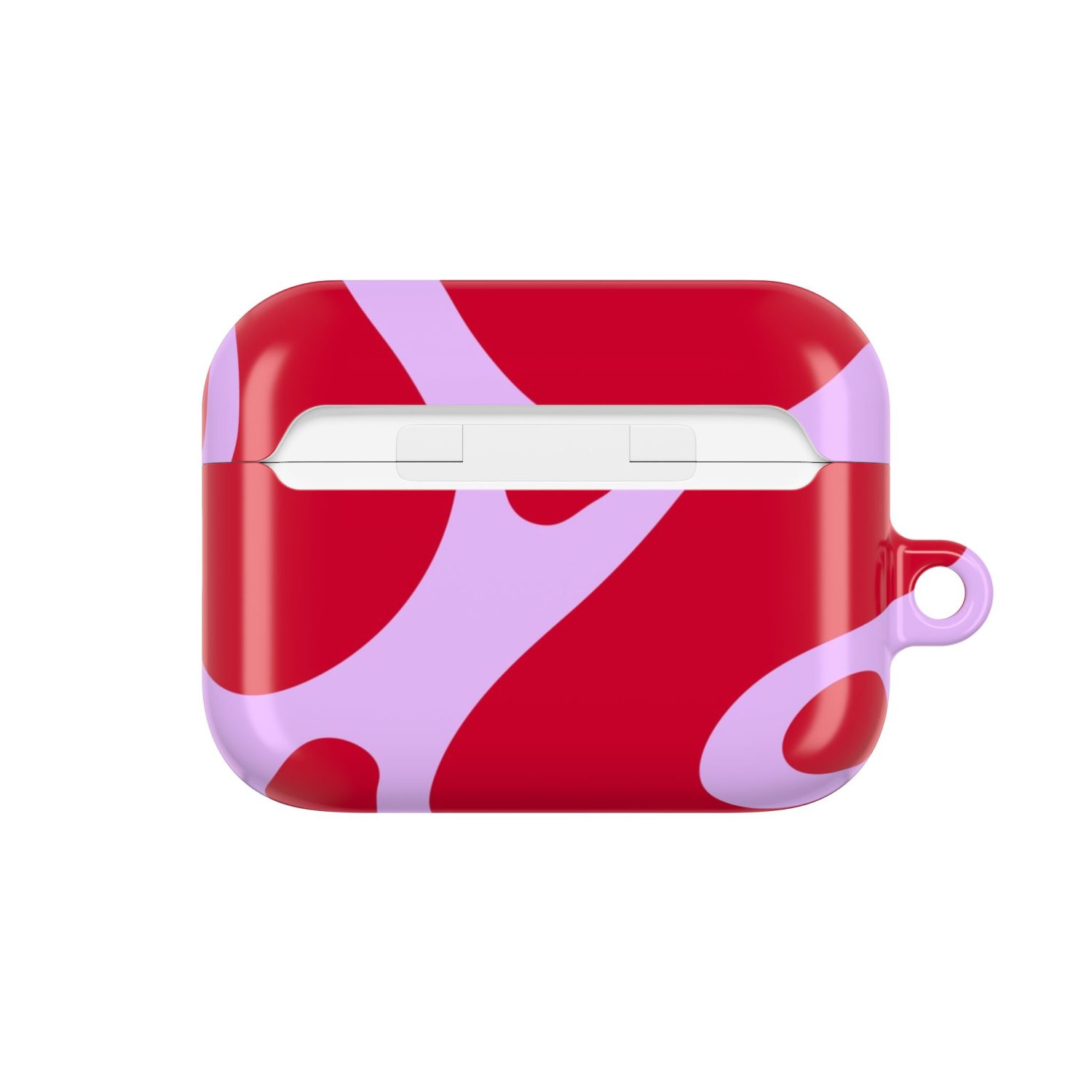 Vibrant red and lavender AirPods case with an abstract swirl pattern, compatible with Apple AirPods for stylish protection.