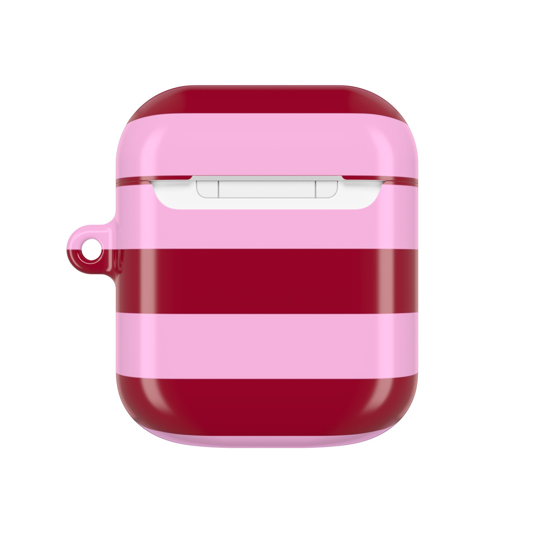 Colorful striped AirPods case with pink and red horizontal bands, protective cover for wireless earbuds, stylish and durable accessory for tech personalization, perfect for adding a pop of color to your devices.
