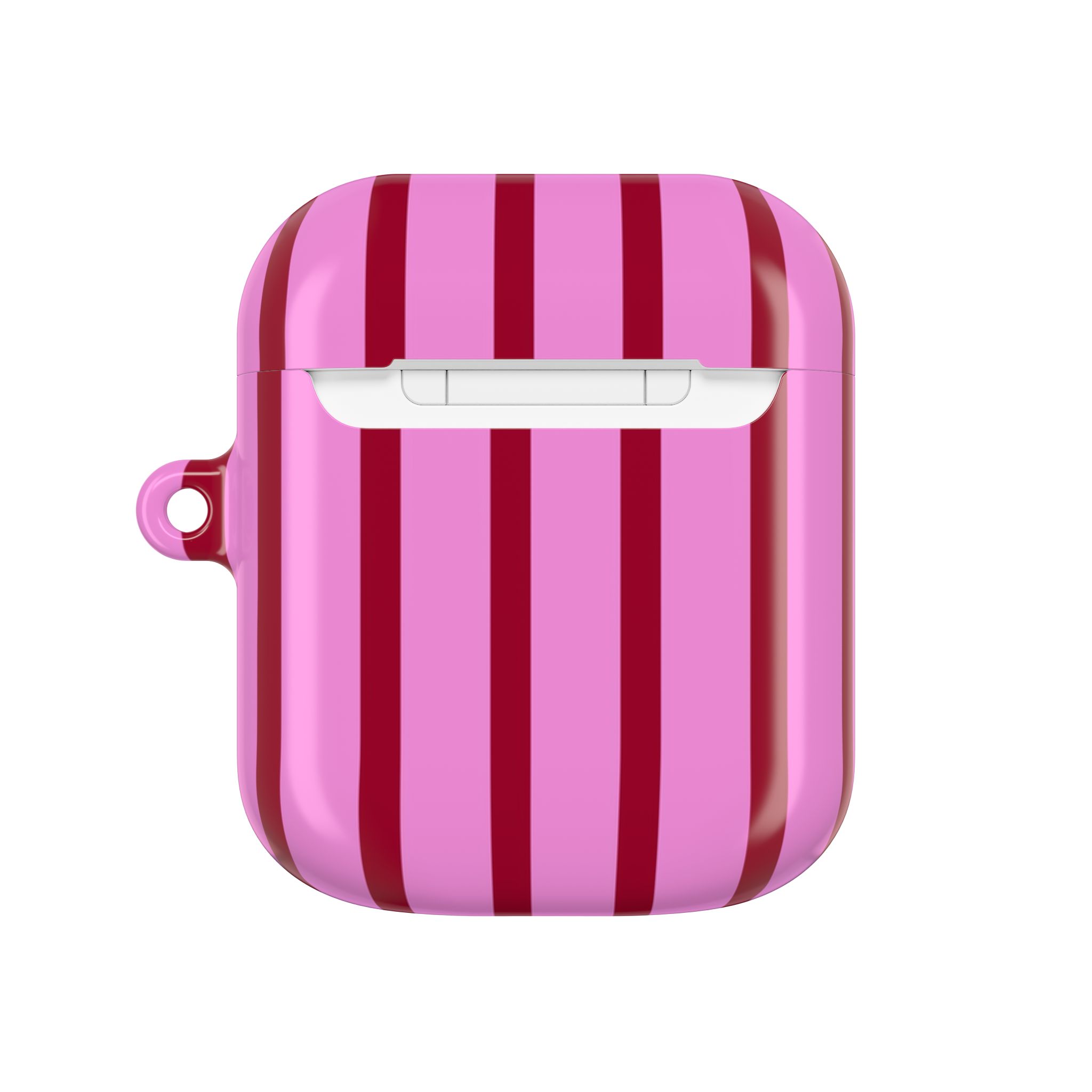 Bright pink and red striped AirPods case with a glossy finish and a small side loop, designed for fashionable protection of wireless earbuds. Perfect for adding a fun, stylish touch to your tech accessories.