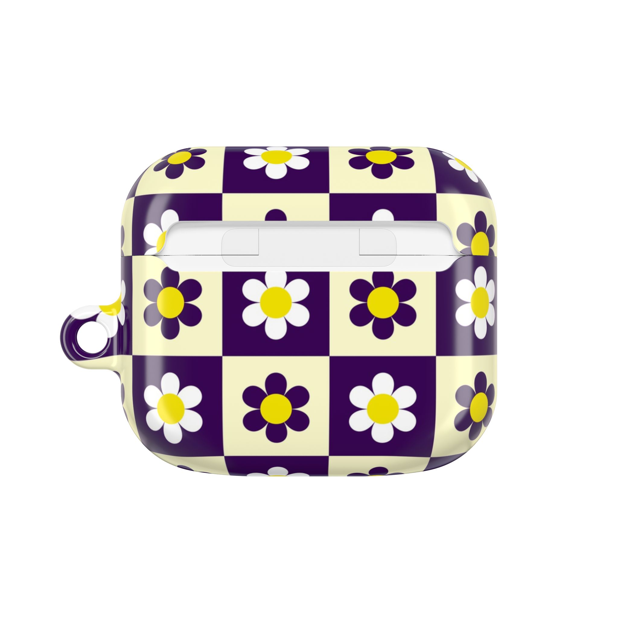 Colorful floral-patterned AirPods case with a retro daisy print, featuring a checkerboard design in purple, white, yellow, and black, perfect for stylish tech accessories.