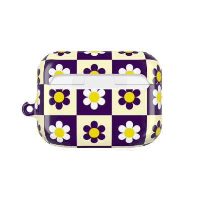 Colorful floral patterned AirPods case featuring a checkerboard design with white and dark purple flowers with yellow centers. Ideal for showcasing stylish protective accessories for wireless earbuds.