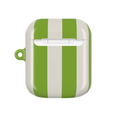 Bright green and white striped AirPods case with a sleek design, perfect for protecting your wireless earbuds while adding a pop of color to your accessories.