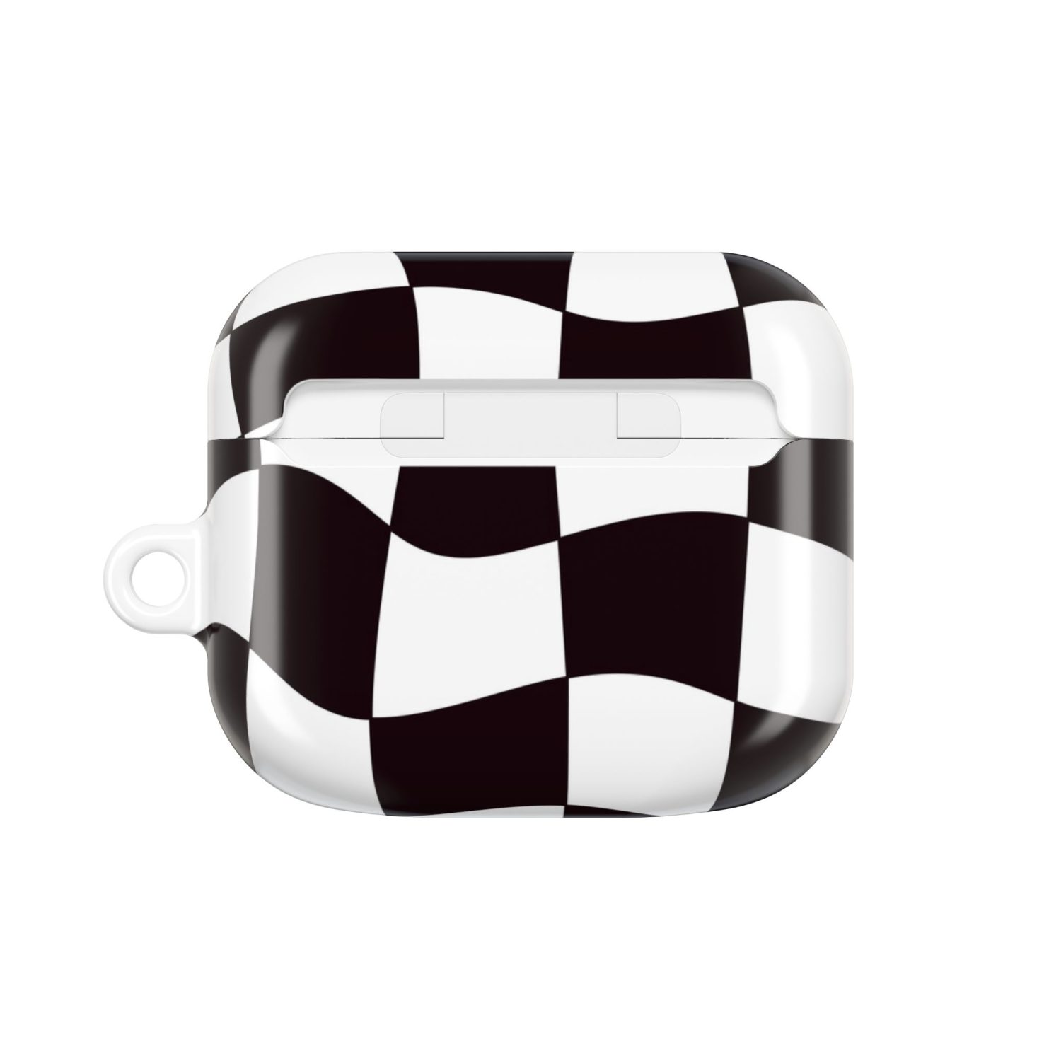 Glossy black and white checkered pattern AirPods case cover, waterproof and scratch-resistant protective accessory, ideal for sports fans, soccer enthusiasts, or gaming lovers.