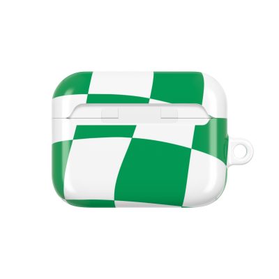 Vibrant green and white checkered AirPods case with a modern design, perfect for showcasing personalized style and protecting wireless earbuds.