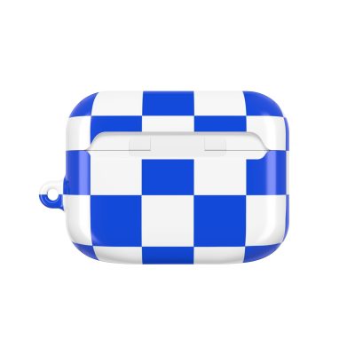 Blue and white checkered AirPods case cover with a modern geometric design, ideal for protecting wireless earphones in a stylish way. Perfect for fans of fashionable tech accessories and premium quality design.