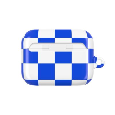 Blue and white checkered AirPods case cover with a round attachment loop, perfect for tech accessories and personalized protection.