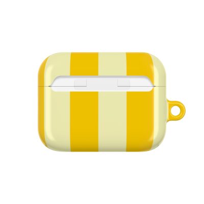 Bright yellow and white striped AirPods case with a small loop attachment on the side, designed for protective and stylish storage of wireless earbuds.