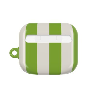 AirPods case with a stylish green and white striped design, combining functionality and trendy aesthetics for a fashionable tech accessory.