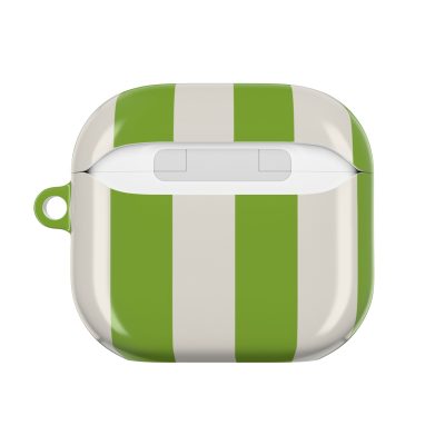 Colorful striped silicone AirPods case with green and white design, durable protective cover, and keyring attachment for convenience. Perfect for stylish and functional earphone accessories.