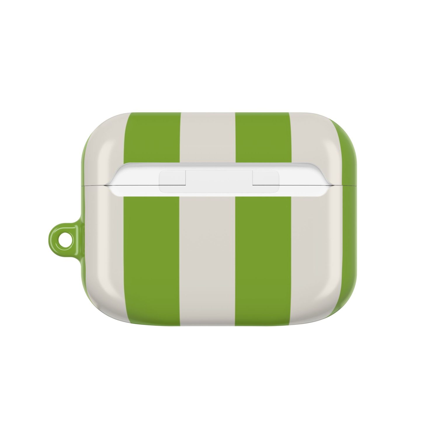 Green and white striped airpods case with a loop attachment, stylish protective cover for wireless earbuds, designed for durability and aesthetic appeal.