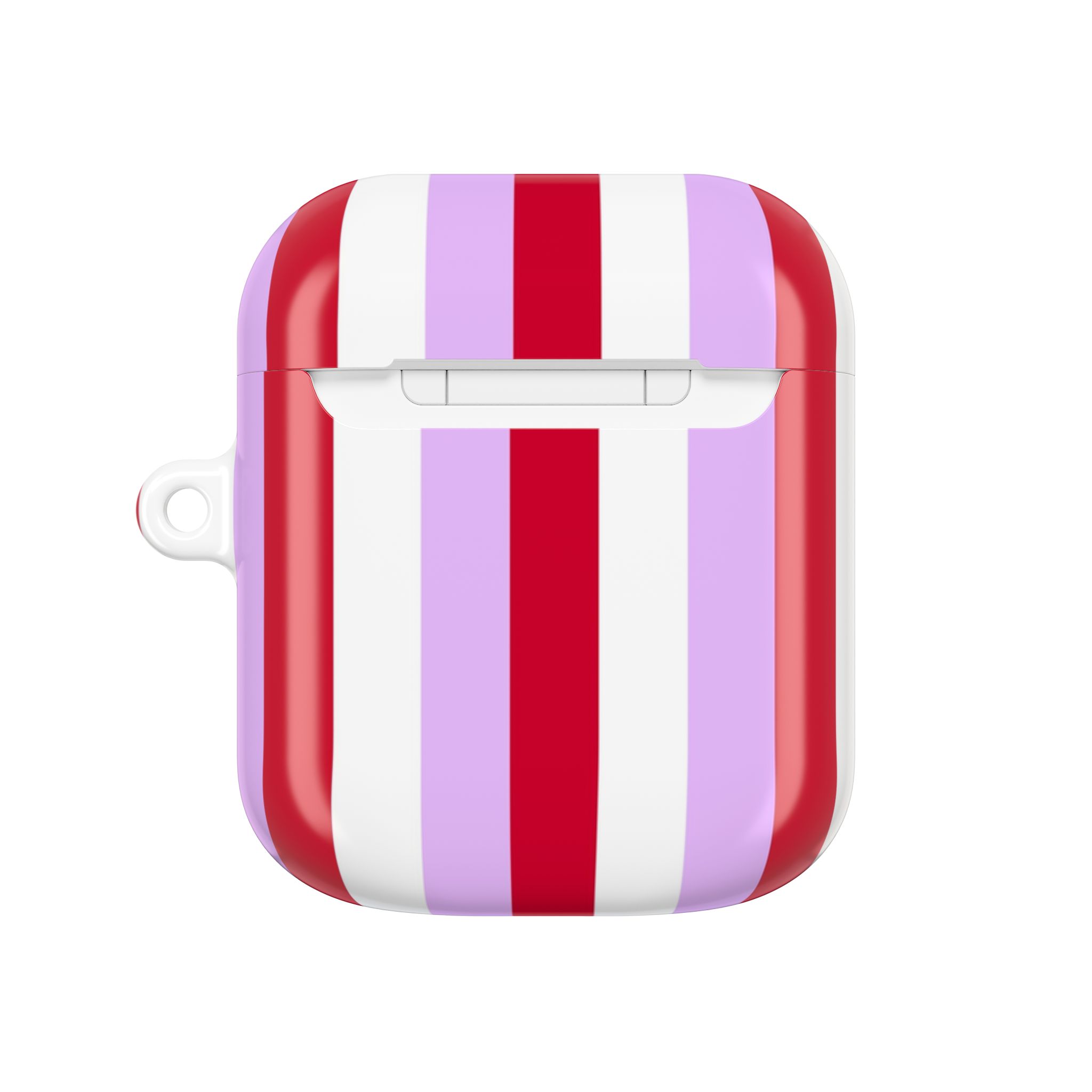 Vape case with colorful vertical pastel stripes in pink, purple, and red, designed for AirPods, featuring a secure snap closure and a small loop for accessories, ideal for stylish earbud storage.