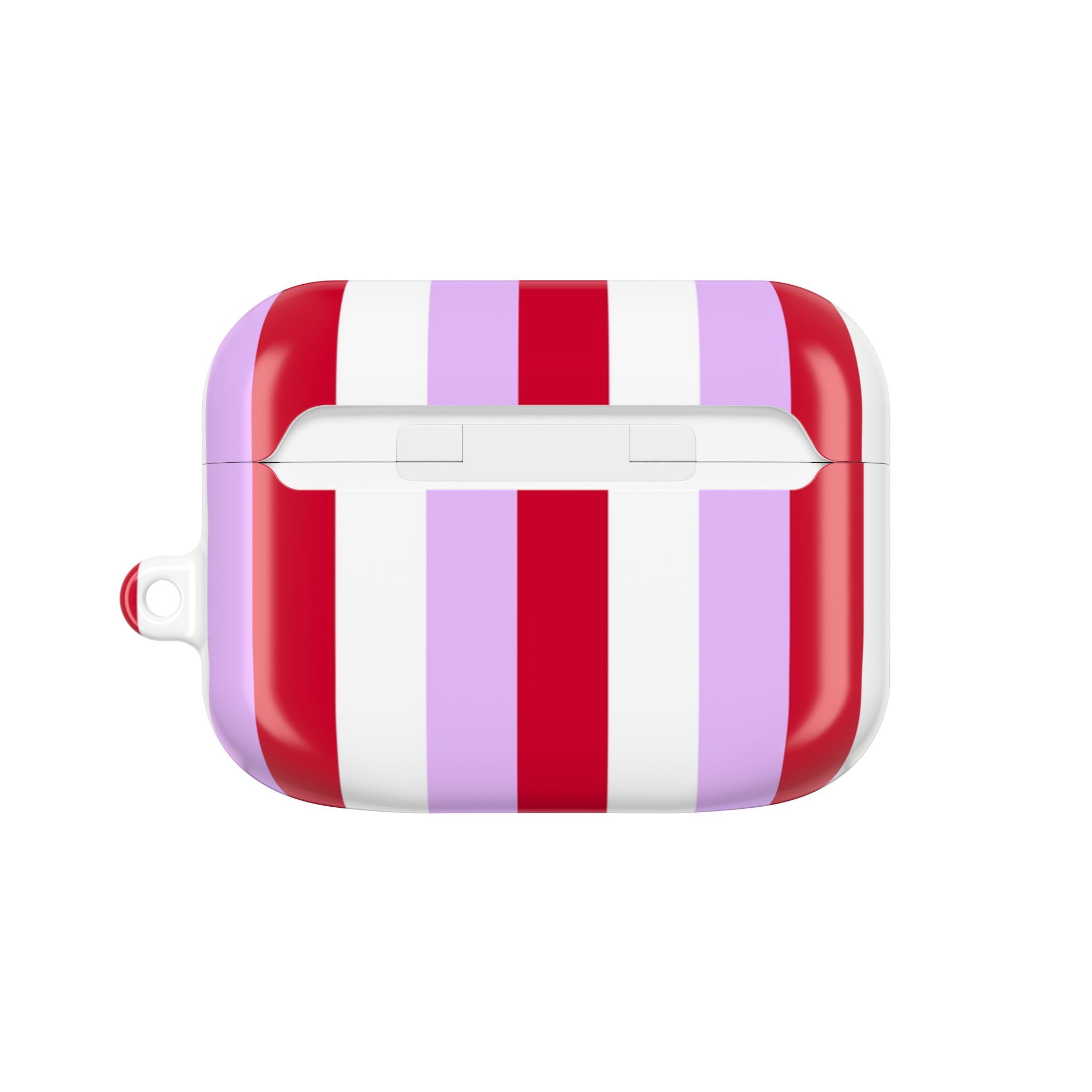 Colorful striped AirPods case with red, white, and lavender accents, designed for stylish protection of wireless earbuds. Perfect for adding a pop of color and personal style to your tech accessories.