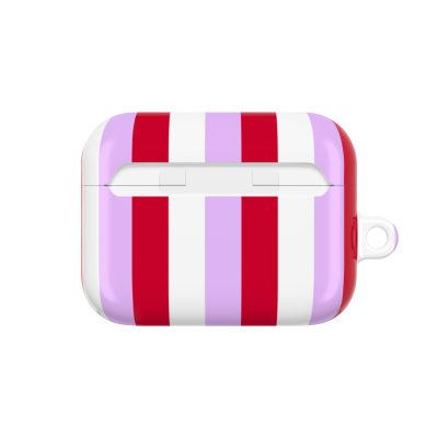 Vibrant striped AirPods case featuring bold red, white, and lavender colors, perfect for adding a stylish touch to your tech accessories.