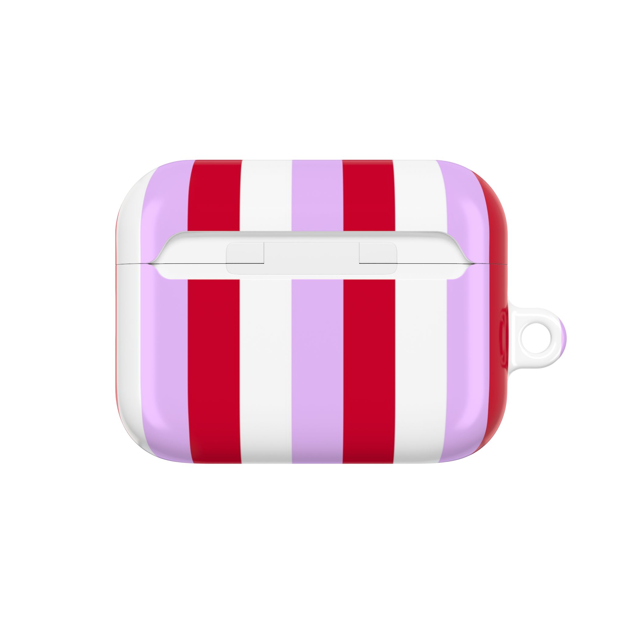 Vibrant striped AirPods case featuring bold red, white, and lavender colors, perfect for adding a stylish touch to your tech accessories.