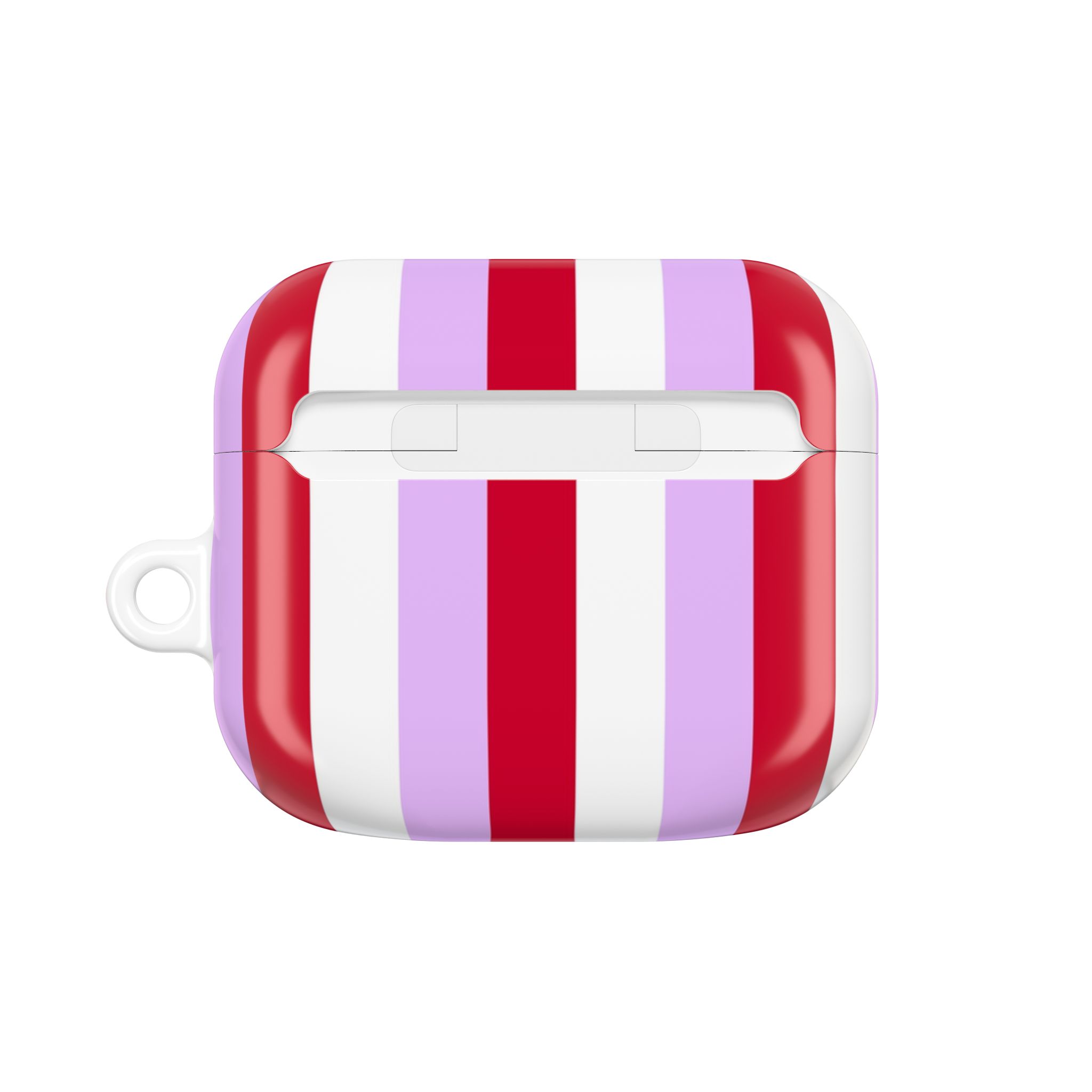 Bright AirPods case cover with bold red and purple vertical stripes, stylish and protective accessory for wireless earbuds, designed to add a pop of color and personality.