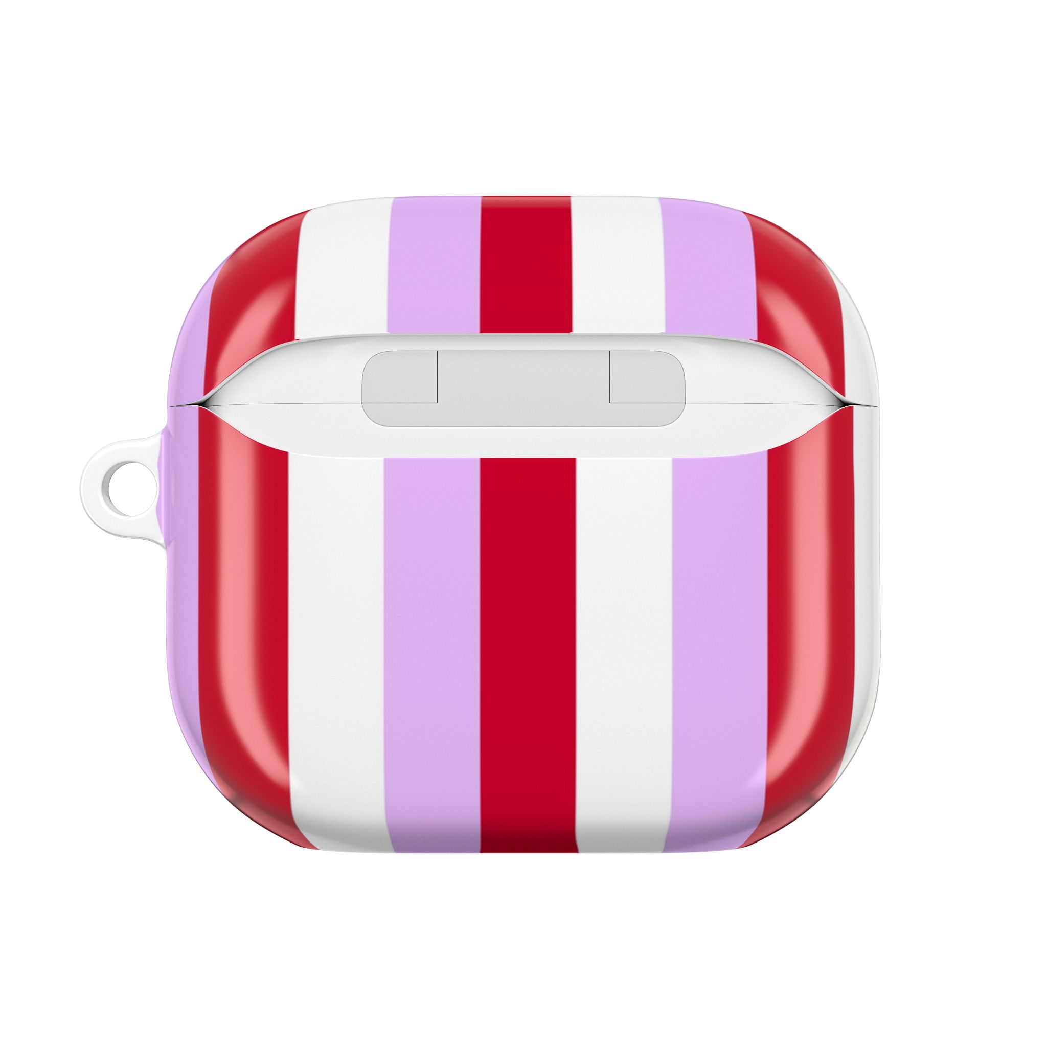 Vibrant striped pattern on wireless earbuds case featuring red, white, and purple colors, adding a stylish and colorful touch to your tech accessories.